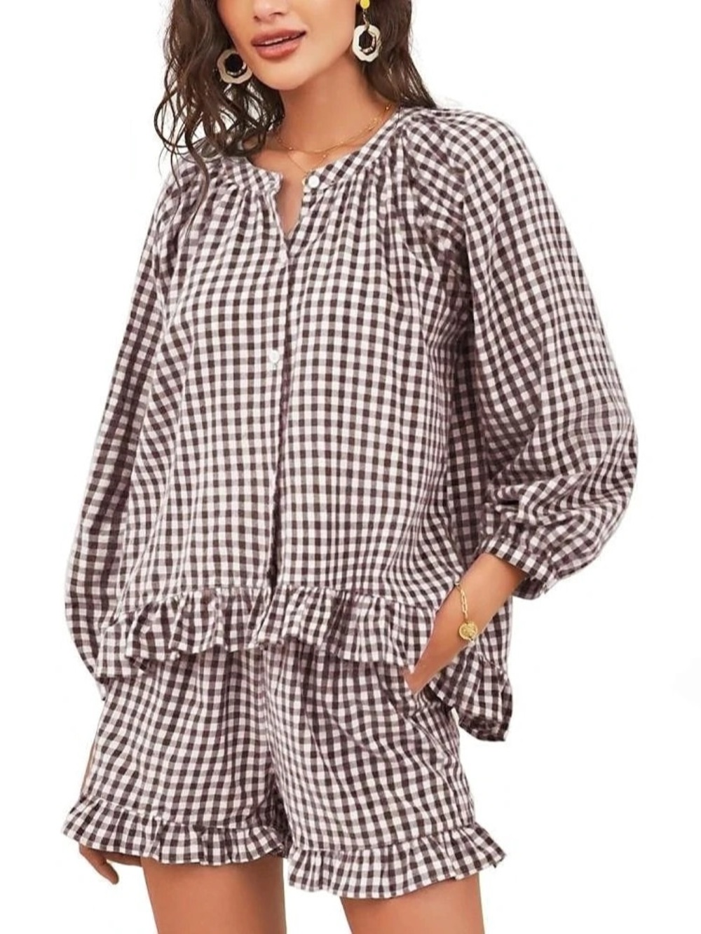 NWOT Matching Gingham Ruffle Blouse and Shorts XL